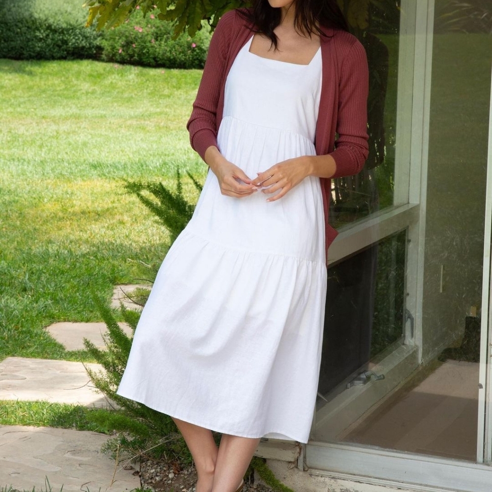 NEW Matty M. Vellum White Doheny Linen Tiered Square Neck Midi Dress XL